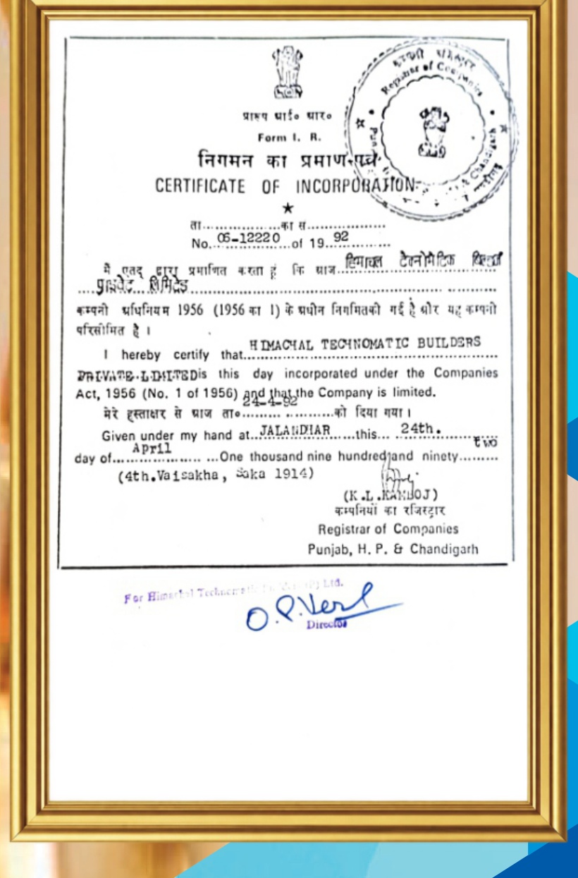 Certificate of Incorporation Himachal Technomatic Builders 1992
